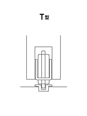 引き戸用T型戸車と専用レールの断面図
