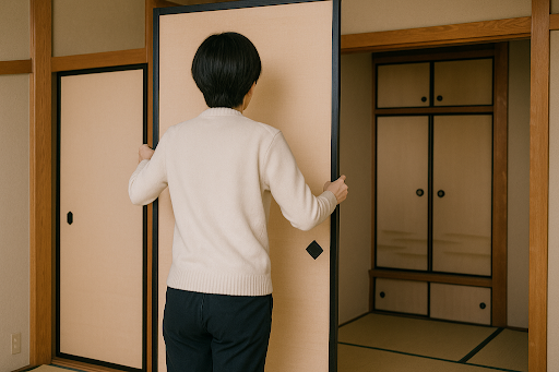 レールや戸車の掃除をするために女性が引き戸を外している様子