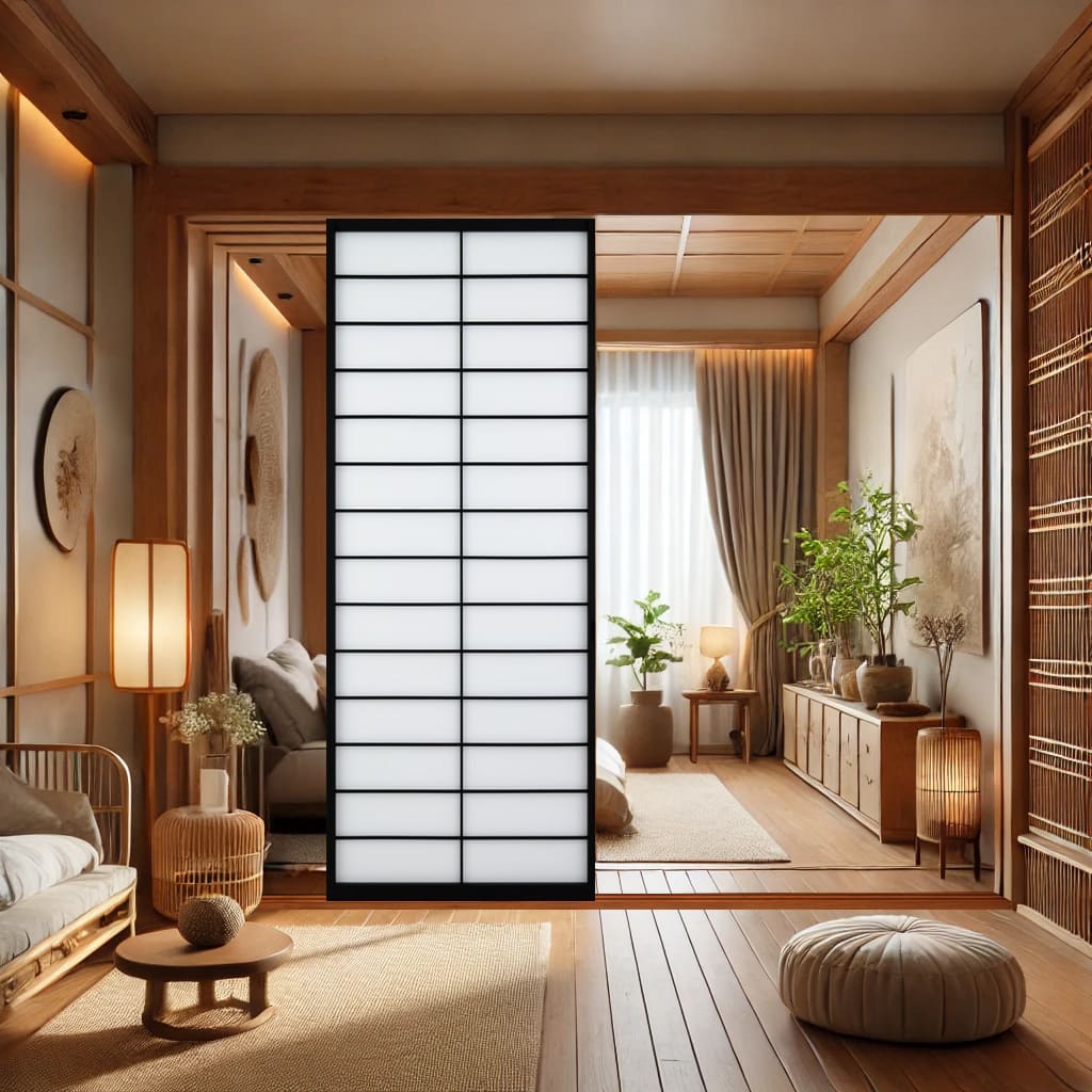 ナチュラルな部屋にマッチする黒い組子(桟）デザインの木製ラッピング障子。隣室の光を取り込みモダンな印象に