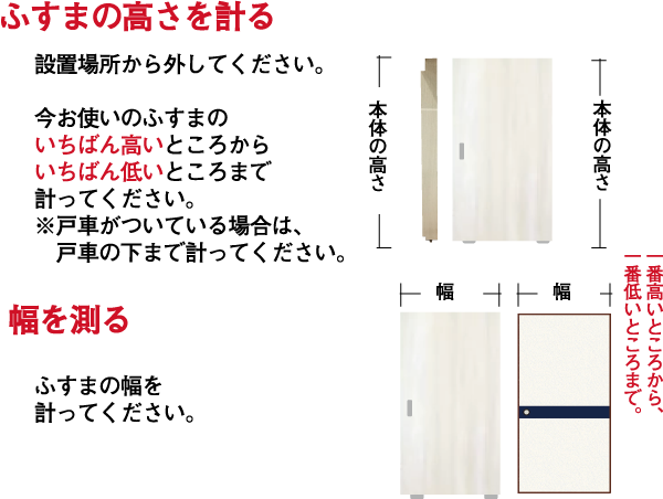 ふすまの正面図と側面図に、高さと幅のサイズを示したイラスト。