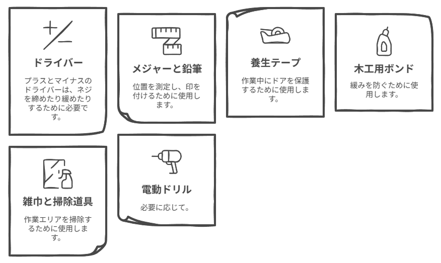 木製引き戸の取っ手交換に必要な道具一覧（ドライバー、メジャー、鉛筆など）
