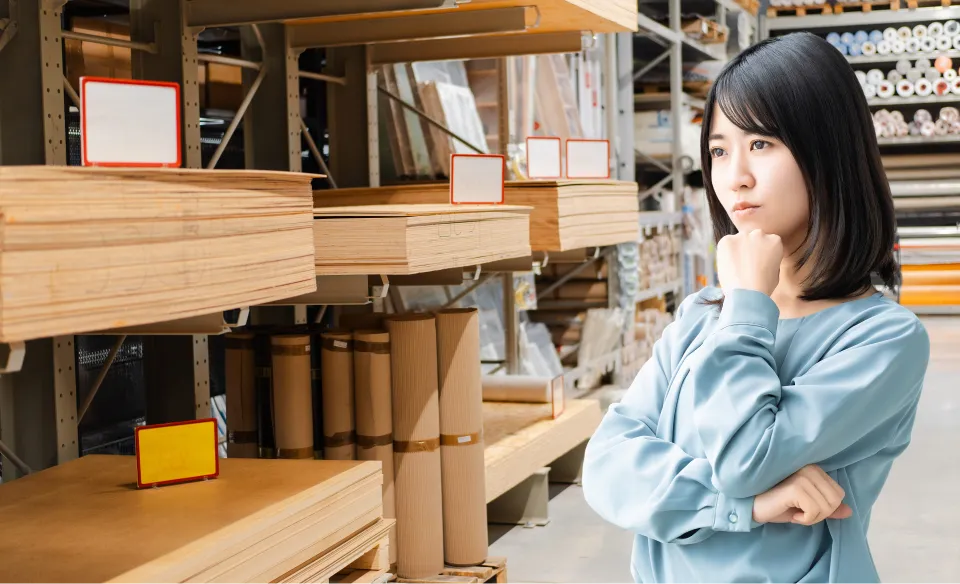 ホームセンターの建材売り場で引き戸レールを探している女性