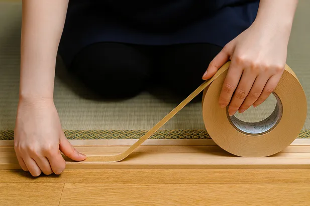 敷居に敷居テープを貼る女性の手元作業