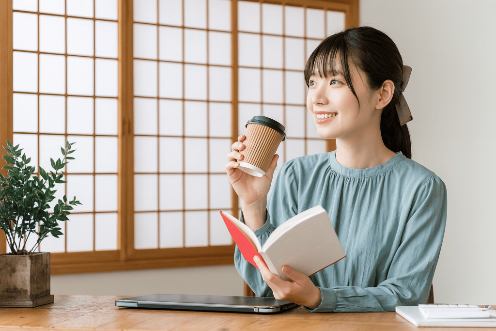 障子越しの光に包まれ、女性がコーヒーを飲んでいるリラックスタイム
