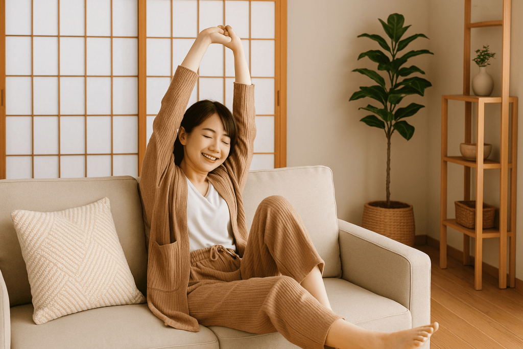 女性が木製障子のある洋室でくつろいでいる様子
