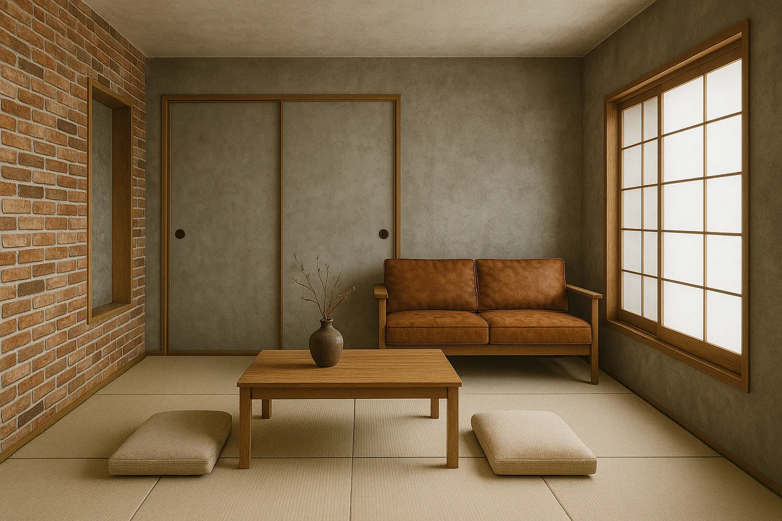 壁紙にレンガ調やコンクリート調を取り入れた和室の画像