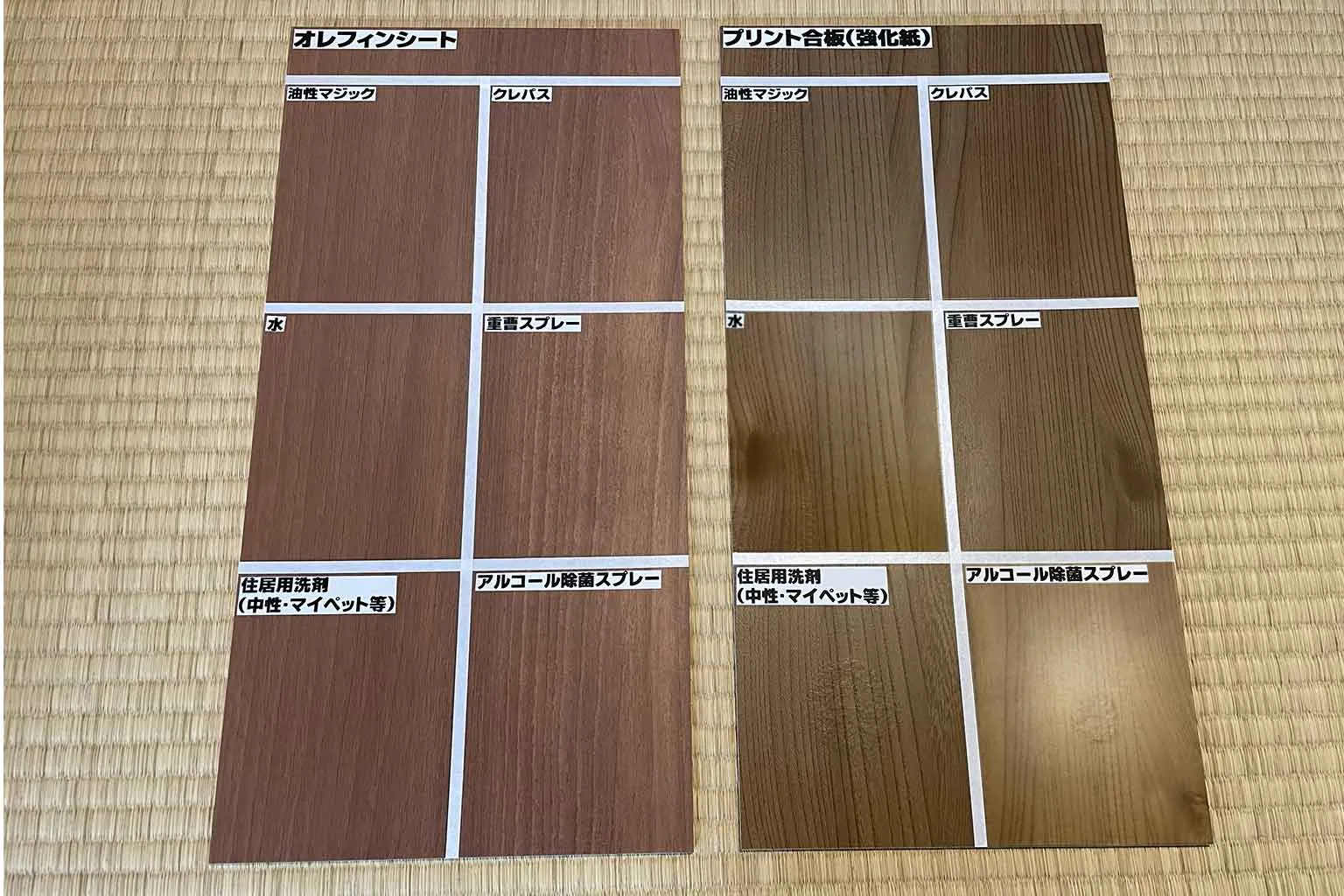 オレフィンシートとプリント合板(強化紙系)の耐久性比較実験結果。