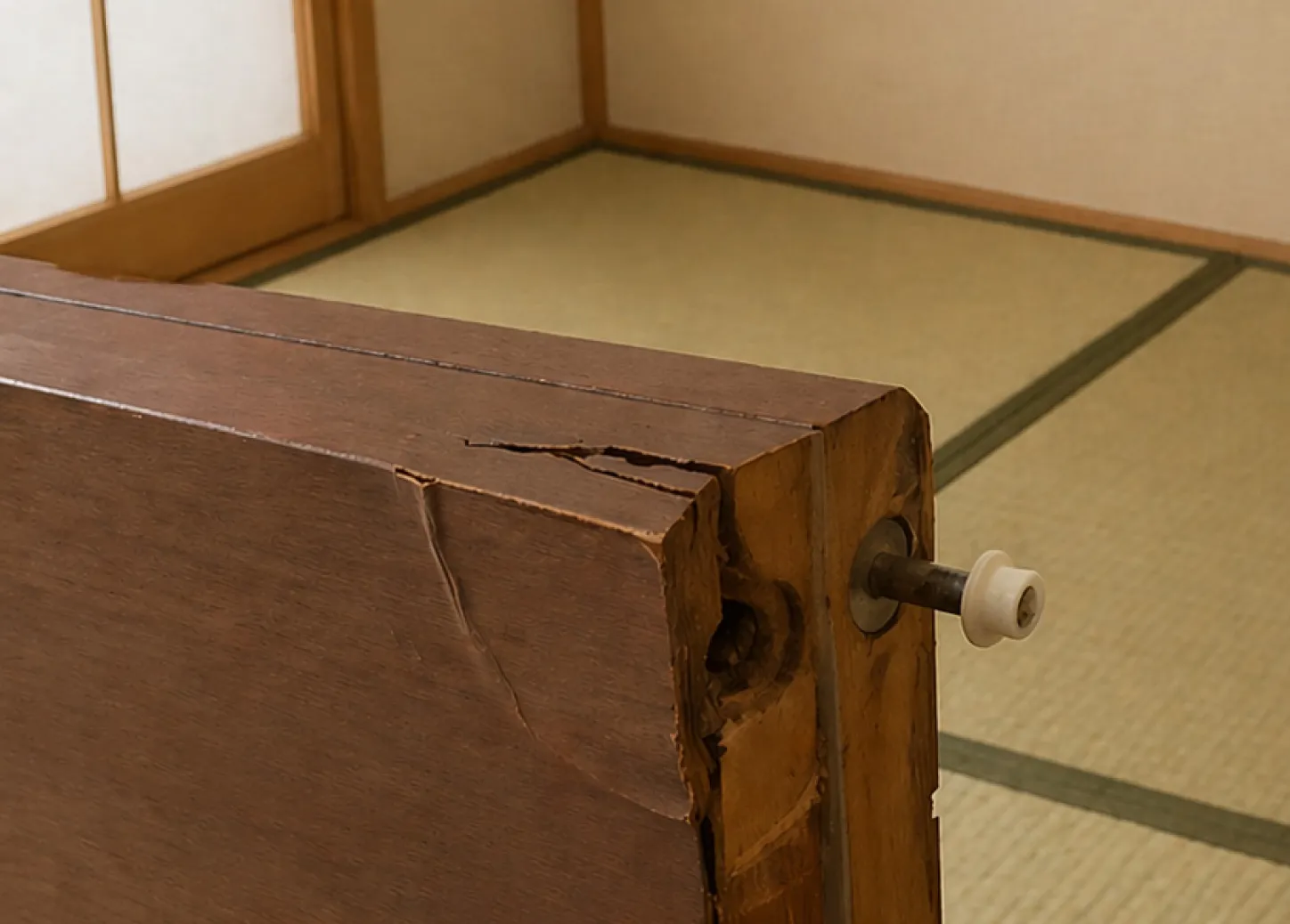 折れ戸のサイズを広げすぎると金物に負担がかかりクローゼットち下部が割れた様子