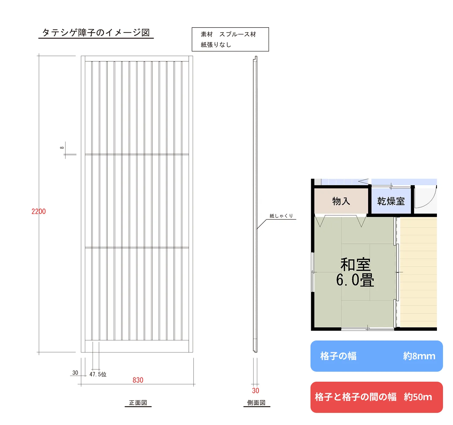 高さ220cm幅83cmの格子障子(ペット柵仕様)のサイズと仕様