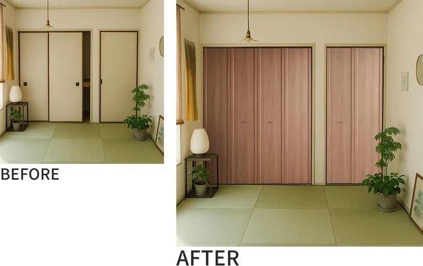 和室のふすま引き戸をクローゼット折れ戸に交換した施工例のビフォーアフター画像