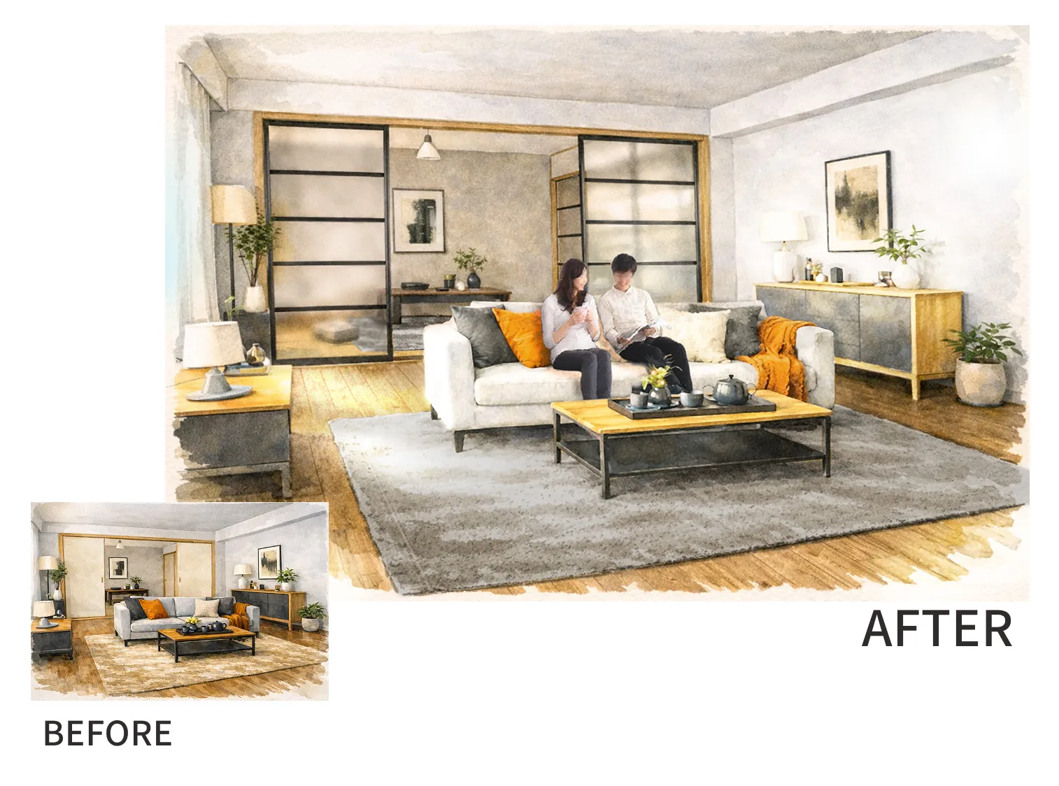 古い襖をスタイリッシュなアルミ引き戸に交換し男女がくつろぐモダン和室空間