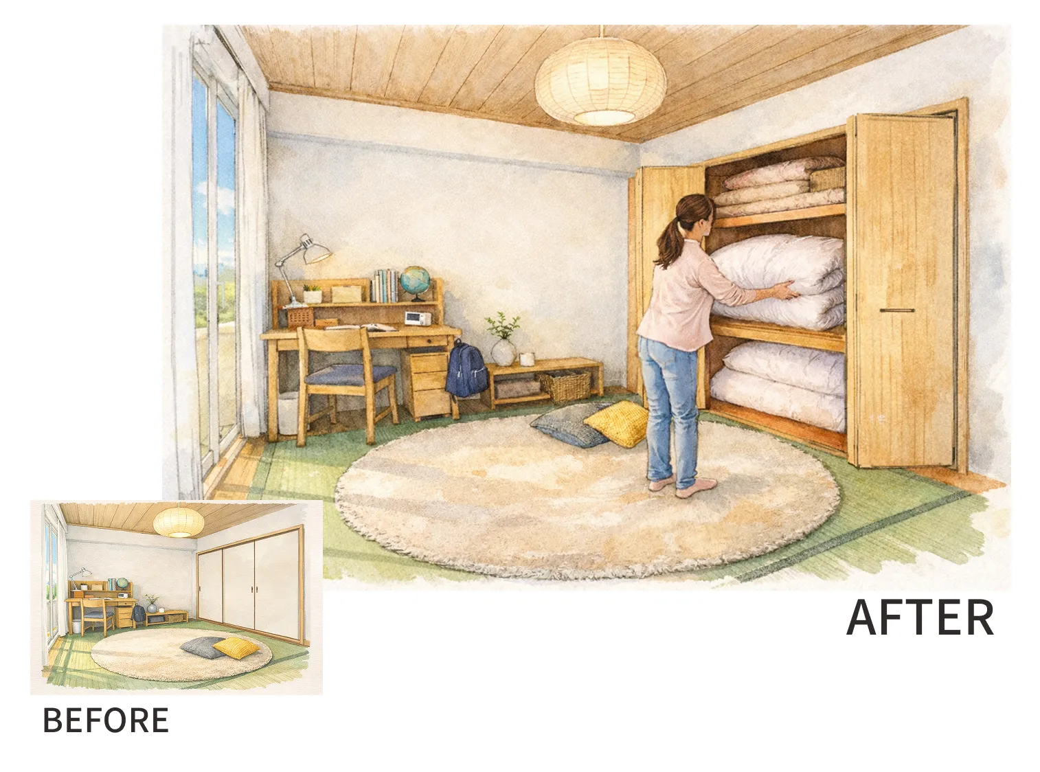 襖から和室リフォーム折れ戸「押入リフォームクローゼット」に変更し女性が布団を出し入れする様子