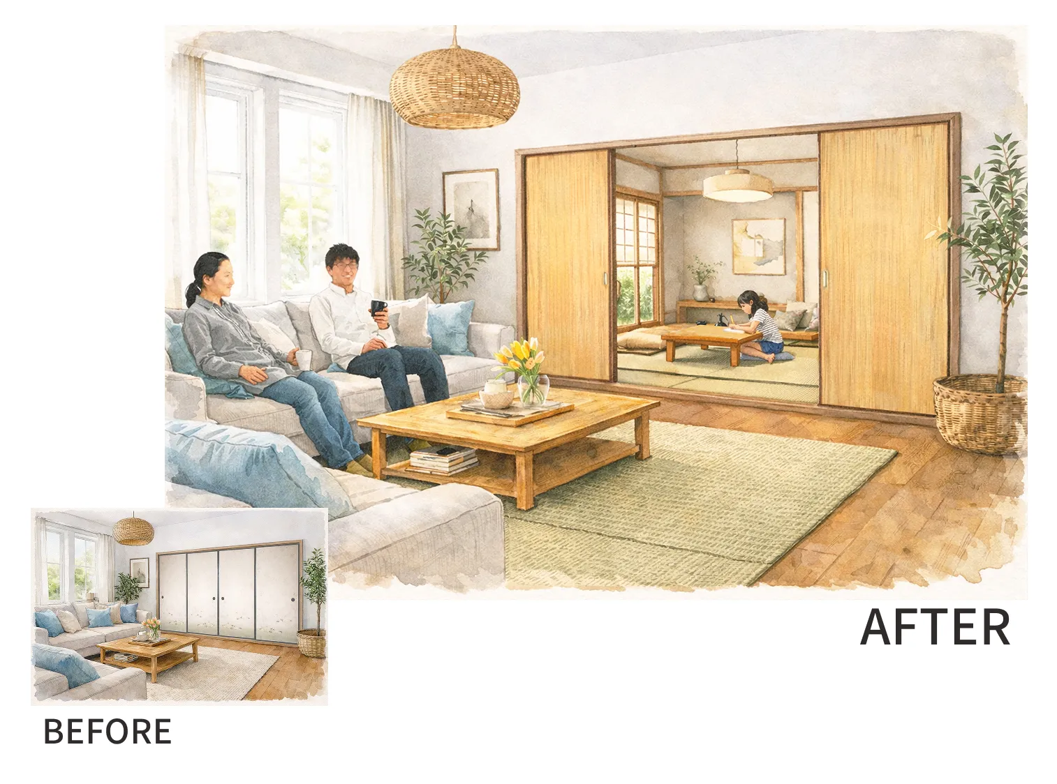 襖から和室リフォーム引き戸「ふすまリフォームドア」に交換し家族がくつろぐ和室空間