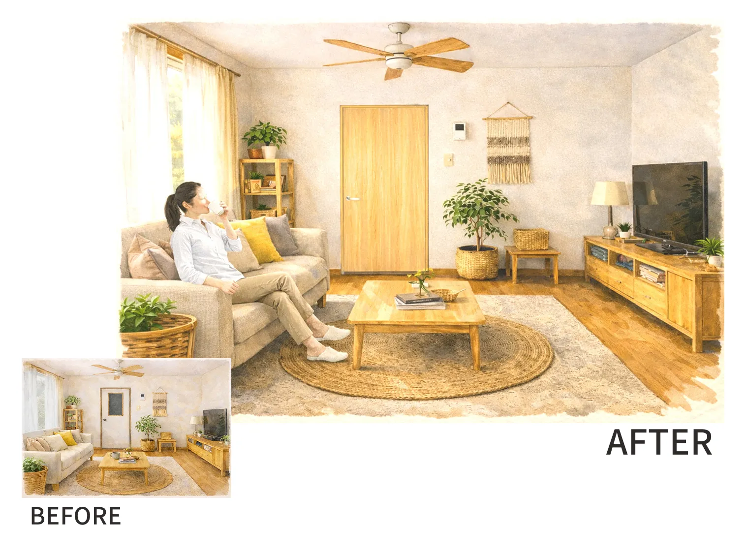 襖から和室リフォーム開き戸「シンプルスタイルドア」に変更した洋風和室で女性がくつろぐ様子