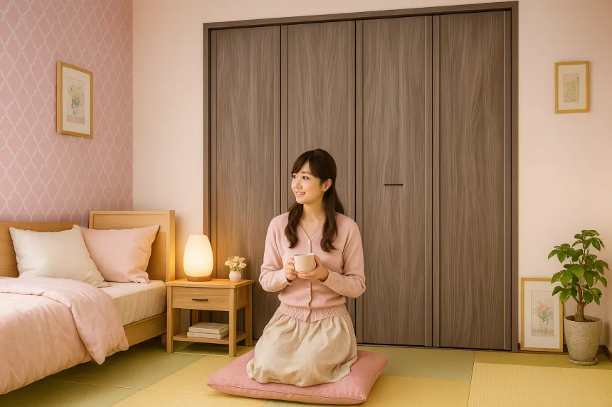 和室に後付けしたクローゼット扉と畳の部屋でくつろぐ女性