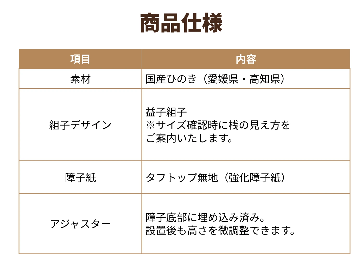 国産ひのき窓障子 後付けキットの商品仕様
