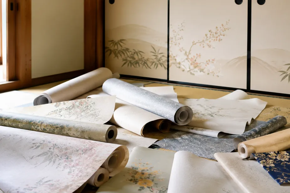 余った襖紙・壁紙を床に放置している部屋