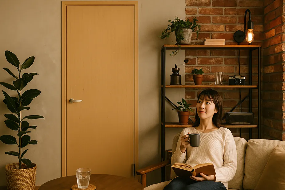 カフェ風インテリアに合う無塗装の開き戸
