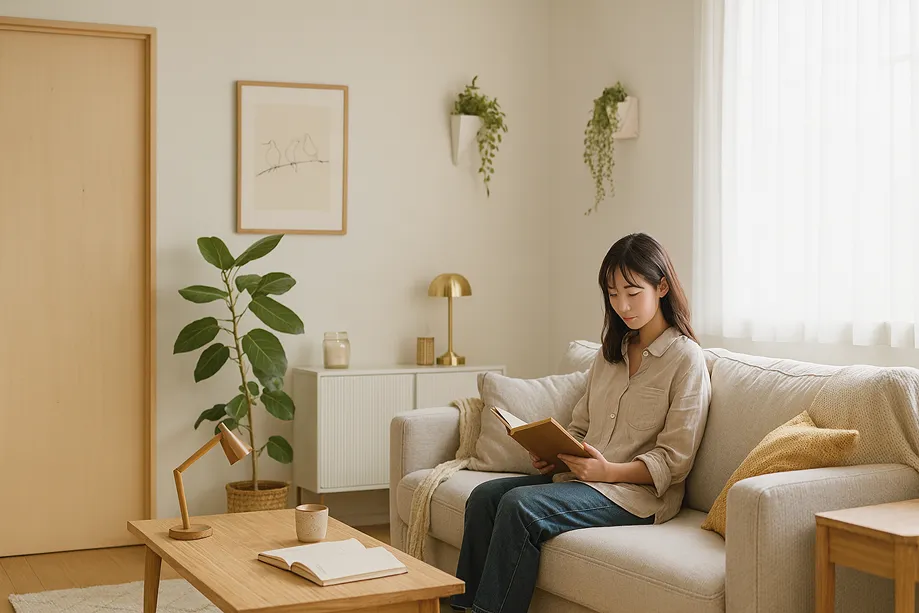 落ち着いたリビングを引き立てるシナ合板ドア