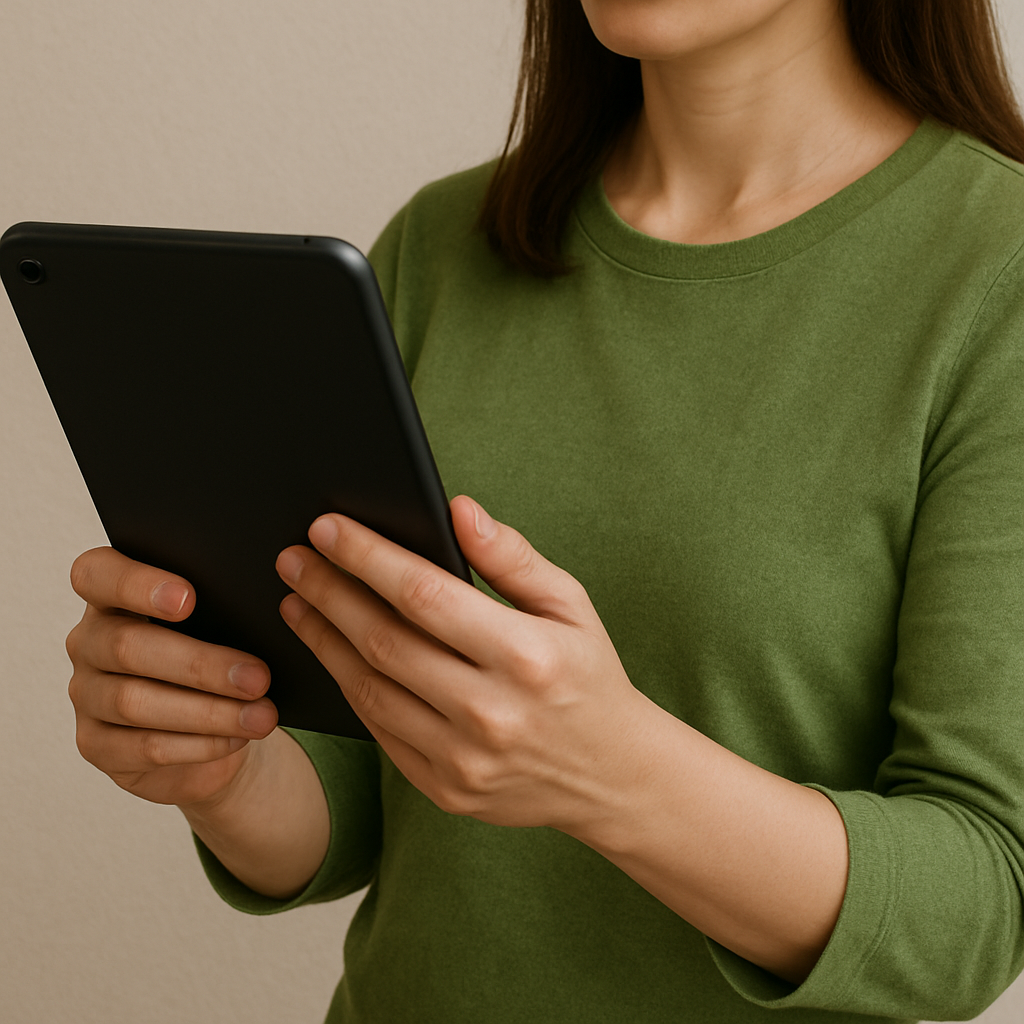 手軽に採寸入力できる採寸システム。タブレットを持つ女性の画像
