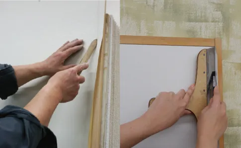 縁に沿って不要なクロスをカッターでカットしている様子